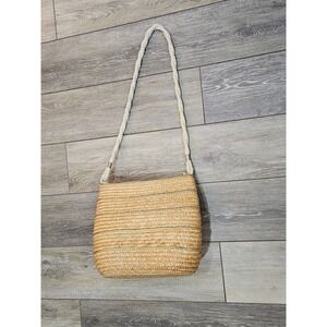 Vintage Woven Wheat Straw Shoulder Bag Gold Trim Braided Rope Strap Summer Boho